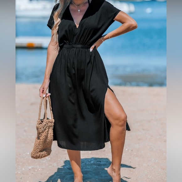 ~Women's Cover Up V Neck Midi Dress Short Sleeves XS~ - Picture 2 of 6